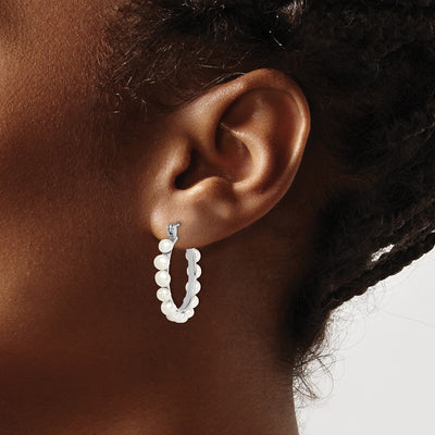 Sterling Silver Rhodium-plated White Button Freshwater Cultured Pearl Hoop Earrings
