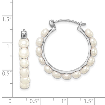 Sterling Silver Rhodium-plated White Button Freshwater Cultured Pearl Hoop Earrings