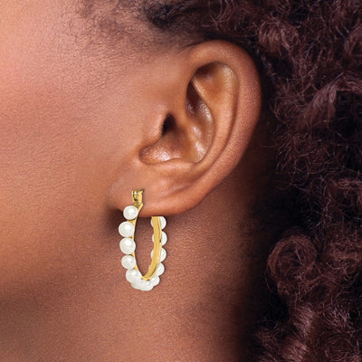 Sterling Silver Gold-plated White Button Freshwater Cultured Pearl Hoop Earrings