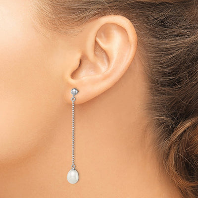 Sterling Silver Rhodium-plated White Rice Freshwater Cultured Pearl Post Dangle Earrings, 51 x 7 to 8mm
