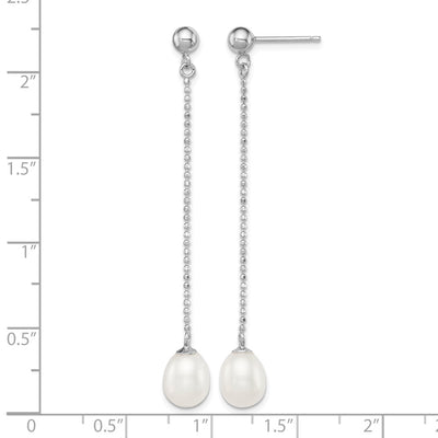 Sterling Silver Rhodium-plated White Rice Freshwater Cultured Pearl Post Dangle Earrings, 51 x 7 to 8mm