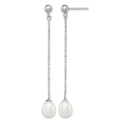 Sterling Silver Rhodium-plated White Rice Freshwater Cultured Pearl Post Dangle Earrings, 51 x 7 to 8mm