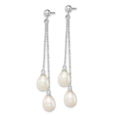Sterling Silver Rhodium-plated White Rice Freshwater Cultured Pearl Post Dangle Earrings, 51 x 8mm