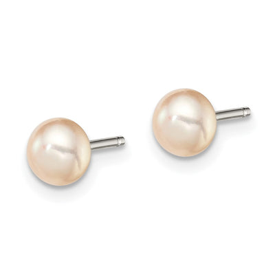 Sterling Silver Rhodium-plated Pink Button Freshwater Cultured Pearl Post Earrings, 4 to 5 x 4 to 4.5mm