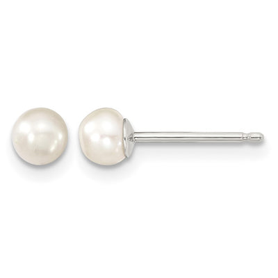 Sterling Silver Rhodium-plated White Button Freshwater Cultured Pearl Post Earrings, 4 to 5 x 4 to 4.5mm