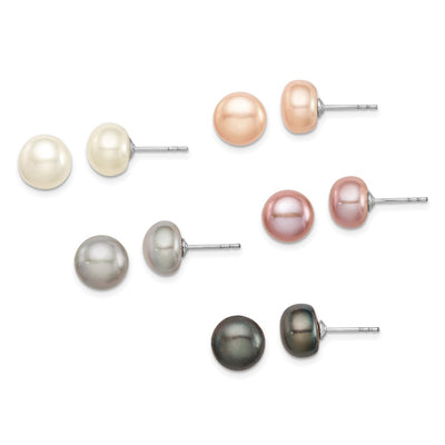 Sterling Silver Rhodium-plated Pink, White, Purple, Grey and Black Button Freshwater Cultured Pearl Set of 5 Post Earrings