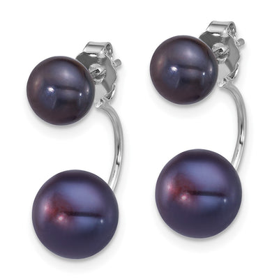 Sterling Silver Rhodium-plated and Black Button Freshwater Cultured Pearl Front and Back Post Dangle Earrings