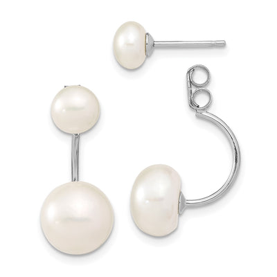 Sterling Silver Rhodium-plated and White Button Freshwater Cultured Pearl Front and Back Post Dangle Earrings