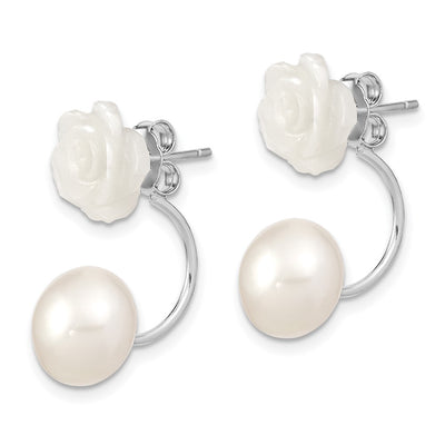 Sterling Silver Rhodium-plated White Button Freshwater Cultured Pearl and Mother Flower Front and Back Post Earrings