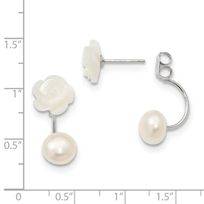 Sterling Silver Rhodium-plated White Button Freshwater Cultured Pearl and Mother Flower Front and Back Post Earrings