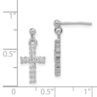 Sterling Silver Rhodium-plated Polished CZ Cross Post Dangle Earrings, 19 x 9mm