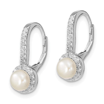 Sterling Silver Rhodium-plated White Button Freshwater Cultured Pearl and CZ Halo Leverback Dangle Earrings
