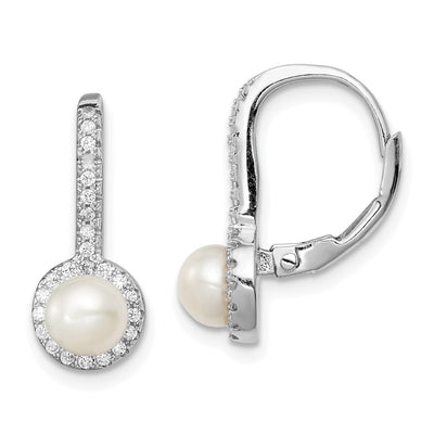 Sterling Silver Rhodium-plated White Button Freshwater Cultured Pearl and CZ Halo Leverback Dangle Earrings