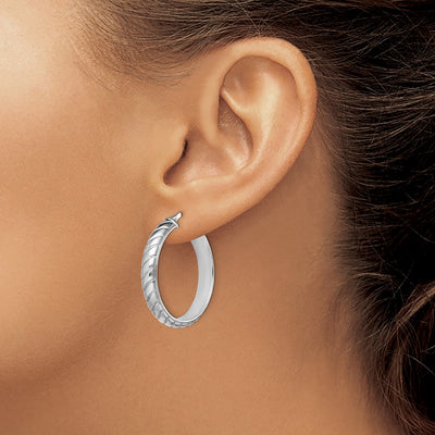 Sterling Silver Rhodium-plated Polished Textured Hoops, 25 x 5mm
