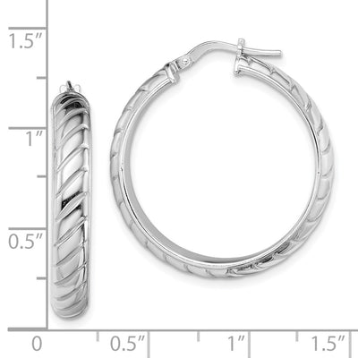 Sterling Silver Rhodium-plated Polished Textured Hoops, 25 x 5mm