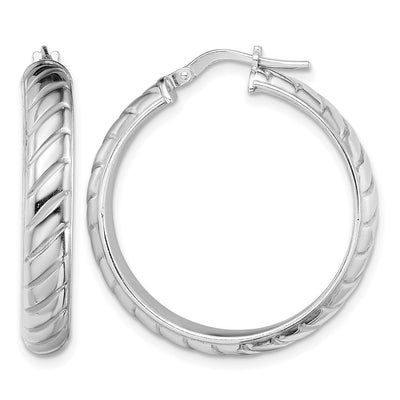Sterling Silver Rhodium-plated Polished Textured Hoops, 25 x 5mm