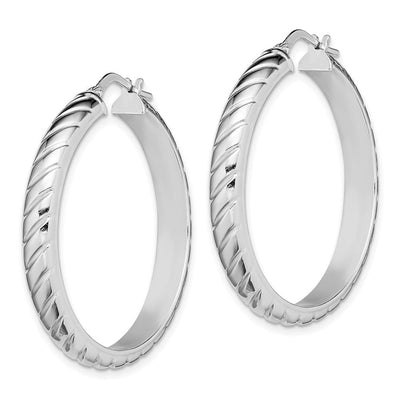 Sterling Silver Rhodium-plated Polished Textured Hoops, 30 x 5mm