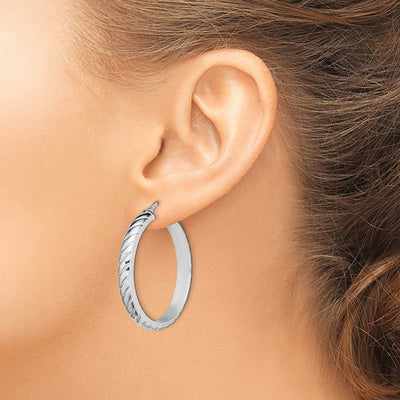 Sterling Silver Rhodium-plated Polished Textured Hoops, 30 x 5mm