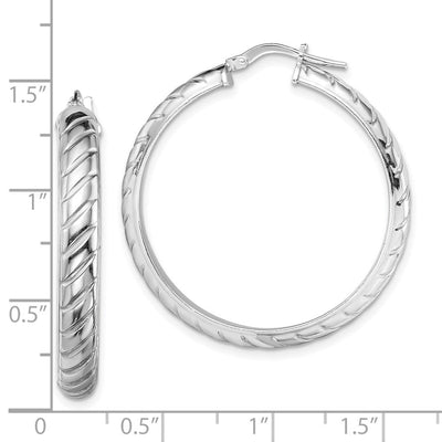 Sterling Silver Rhodium-plated Polished Textured Hoops, 30 x 5mm
