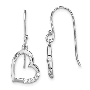 Sterling Silver Rhodium-plated CZ Heart Dangle Earrings (Style QE13441)