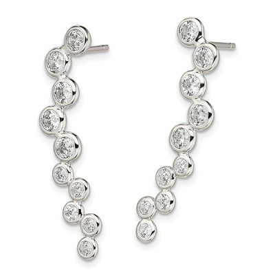 Sterling Silver Rhod-plated Polished Bezel CZ Post Ear Climber Earrings