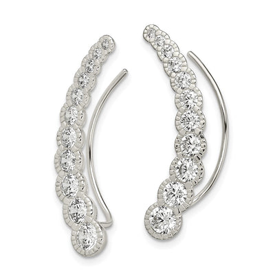 Sterling Silver Polished & Textured Graduated CZ Ear Climber Earrings