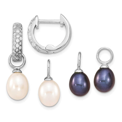 Sterling Silver Rhodium-plated Black and White Rice Freshwater Cultured Pearl and CZ Interchangeable Post Earrings Set, 25.5 x 4mm