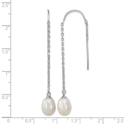 Sterling Silver Rhodium-plated White Teardrop Freshwater Cultured Pearl Threader Earrings, 57 x 7 to 8mm