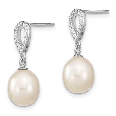 Sterling Silver Rhodium-plated White Rice Freshwater Cultured Pearl and CZ Post Dangle Earrings, 19 x 8 to 9mm