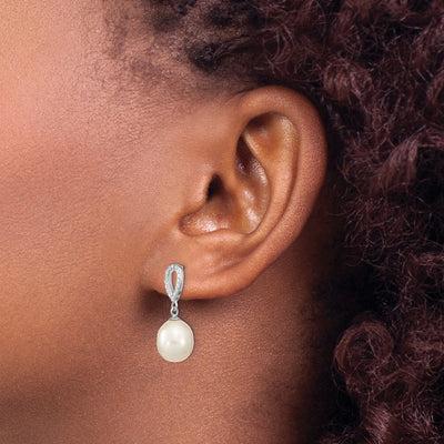 Sterling Silver Rhodium-plated White Rice Freshwater Cultured Pearl and CZ Post Dangle Earrings, 19 x 8 to 9mm