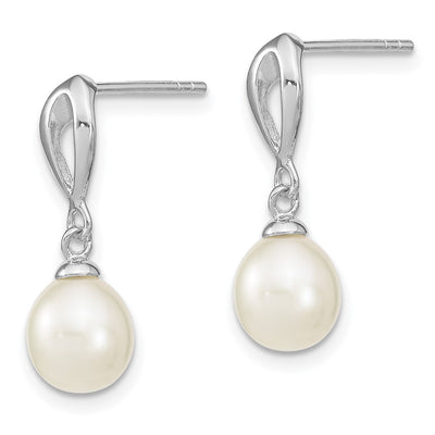 Sterling Silver Rhodium-plated White Rice Freshwater Cultured Pearl Post Dangle Earrings, 19 x 7 to 8mm