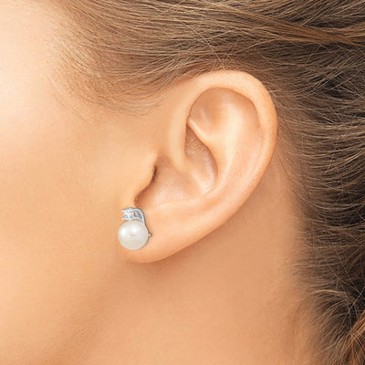 Sterling Silver Rhodium-plated White Semi-Round Freshwater Cultured Pearl and CZ Post Earrings