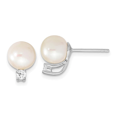 Sterling Silver Rhodium-plated White Semi-Round Freshwater Cultured Pearl and CZ Post Earrings