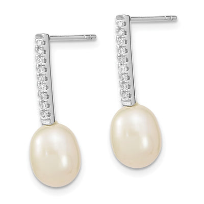 Sterling Silver Rhodium-plated White Rice Freshwater Cultured Pearl and CZ Post Dangle Earrings, 25.5 x 8 to 9mm