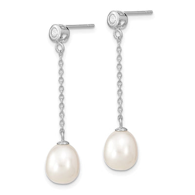 Sterling Silver Rhodium-plated White Rice Freshwater Cultured Pearl and CZ Post Dangle Earrings, 38 x 8 to 9mm