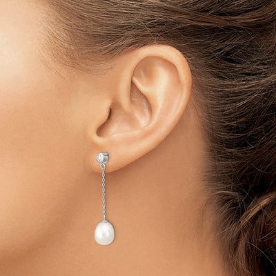 Sterling Silver Rhodium-plated White Rice Freshwater Cultured Pearl and CZ Post Dangle Earrings, 38 x 8 to 9mm