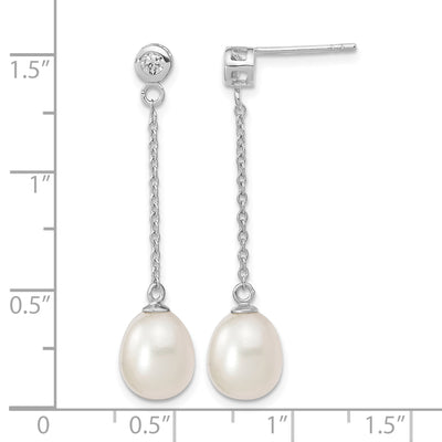 Sterling Silver Rhodium-plated White Rice Freshwater Cultured Pearl and CZ Post Dangle Earrings, 38 x 8 to 9mm