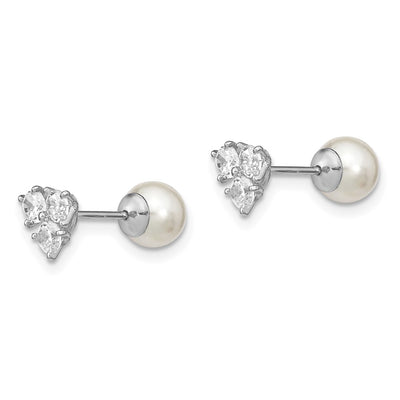 Sterling Silver Rhodium-plated Polished White Imitation Shell Pearl & CZ Reversible Post Earrings