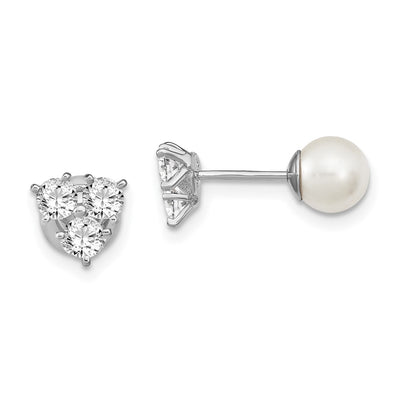 Sterling Silver Rhodium-plated Polished White Imitation Shell Pearl & CZ Reversible Post Earrings