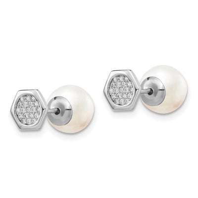 Sterling Silver Rhodium-plated Polished White Imititation Shell Pearl & CZ Hexagon Reversible Post Earrings