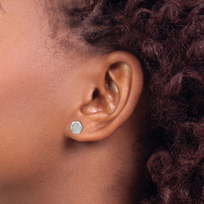 Sterling Silver Rhodium-plated Polished White Imititation Shell Pearl & CZ Hexagon Reversible Post Earrings