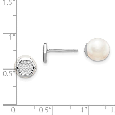 Sterling Silver Rhodium-plated Polished White Imititation Shell Pearl & CZ Hexagon Reversible Post Earrings