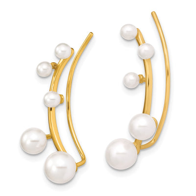 Sterling Silver Gold-tone Flash Gold-plated White Round Freshwater Cultured Pearl Ear Climber Earrings
