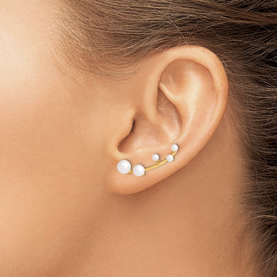 Sterling Silver Gold-tone Flash Gold-plated White Round Freshwater Cultured Pearl Ear Climber Earrings