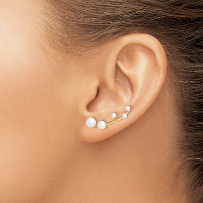 Sterling Silver Gold-tone Flash Gold-plated White Round Freshwater Cultured Pearl Ear Climber Earrings