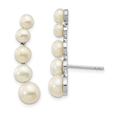 Sterling Silver Rhodium-plated White Freshwater Cultured Pearl Post Ear Climber Earrings