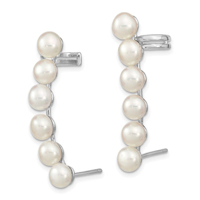 Sterling Silver Rhodium-plated White Button Freshwater Cultured Pearl Post Ear Climber and Cuff Earrings