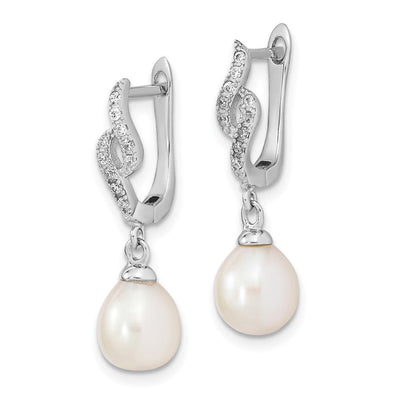 Sterling Silver Rhodium-plated White Teardrop Freshwater Cultured Pearl and CZ Dangle Leverback Earrings, 25.5 x 7 to 8mm