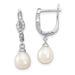Sterling Silver Rhodium-plated 7- White Teardrop Freshwater Cultured Pearl and CZ Dangle Leverback Earrings (Style QE13889)