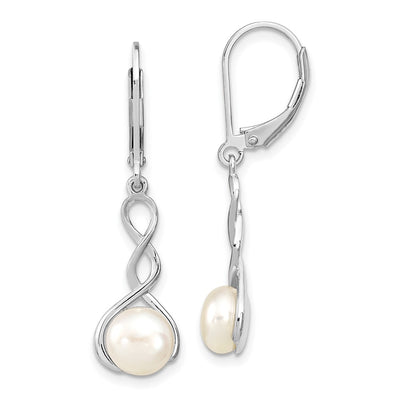 Sterling Silver Rhodium-plated Twisted White Button Freshwater Cultured Pearl Leverback Dangle Earrings